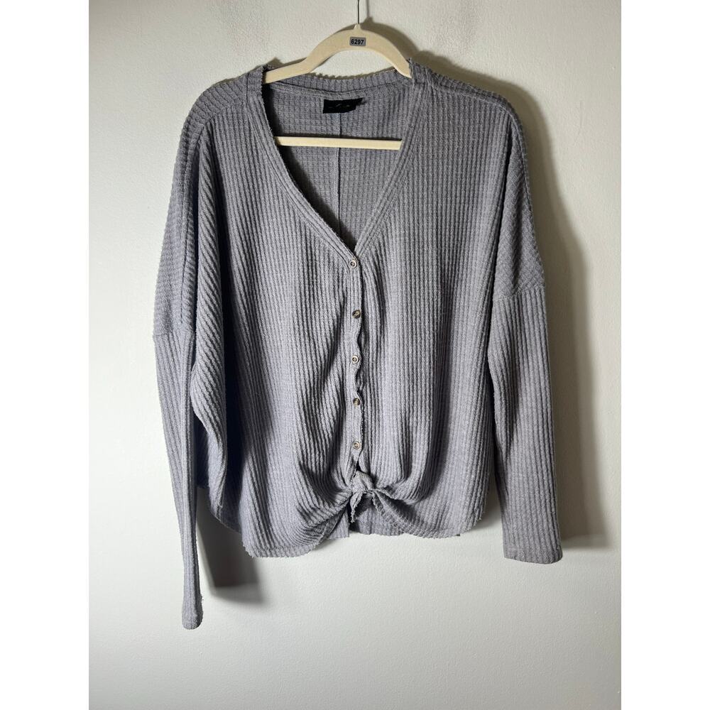 Urban Outfitters Gray Ribbed Button-Front Tie Hem Top
